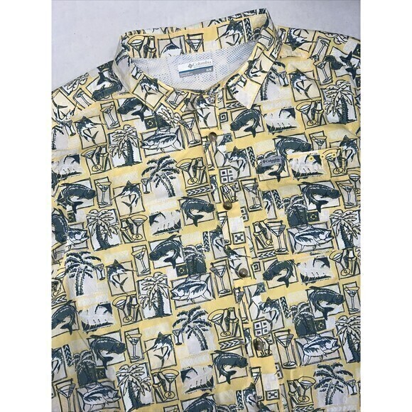Columbia Mens Short Sleeve Shirt Button Up Fishing Print Size Medium Yellow - Picture 4 of 7
